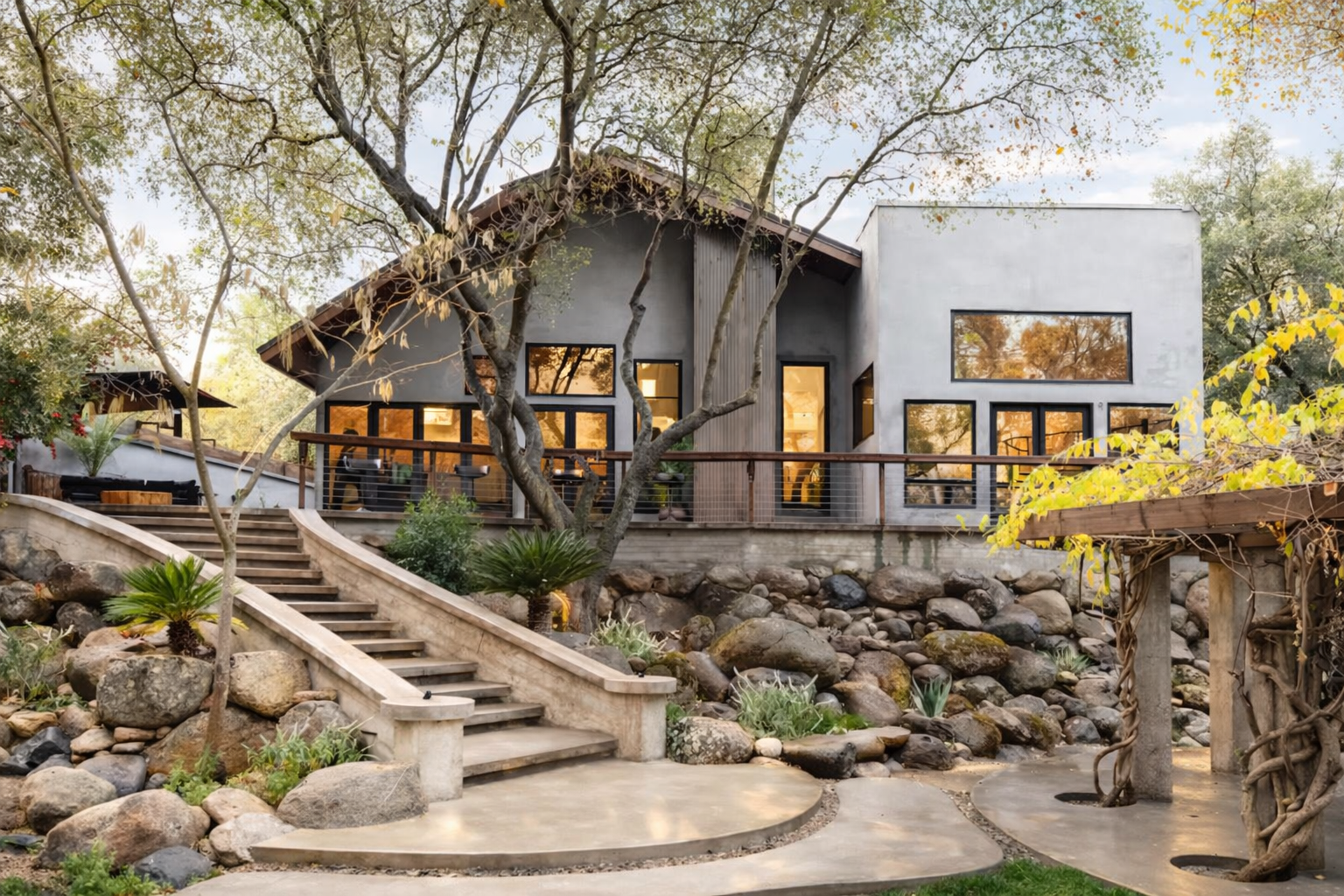 Sequoia Riverfront Villa with Three-Story Treehouse, Glass-Walled Living Room & Garden Terraces