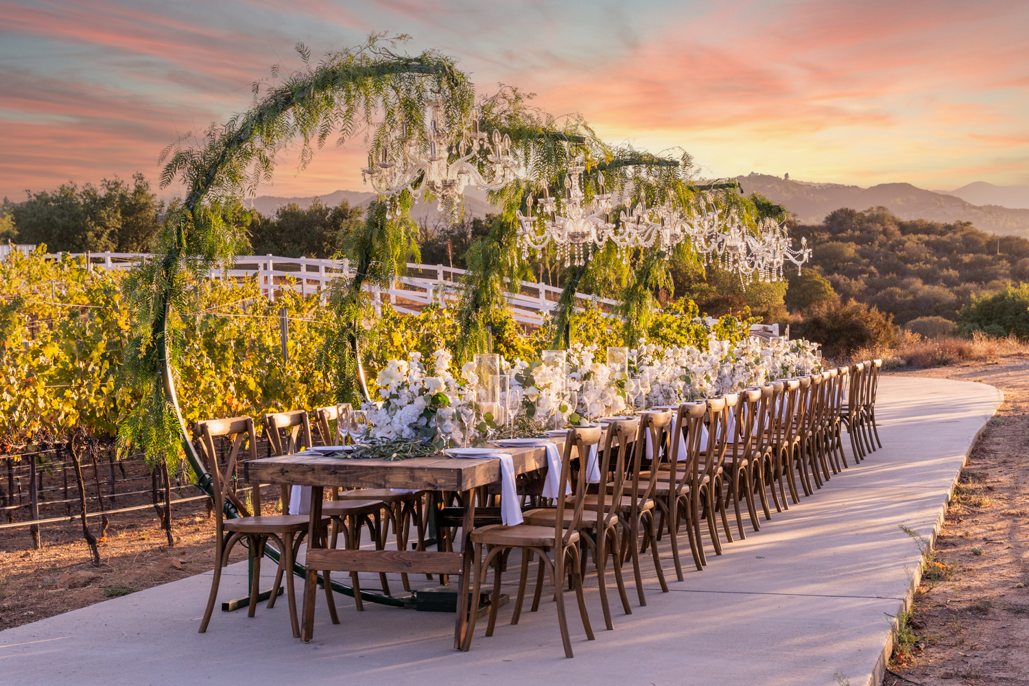 Vineyard ceremony space with event setup and rolling hills backdrop