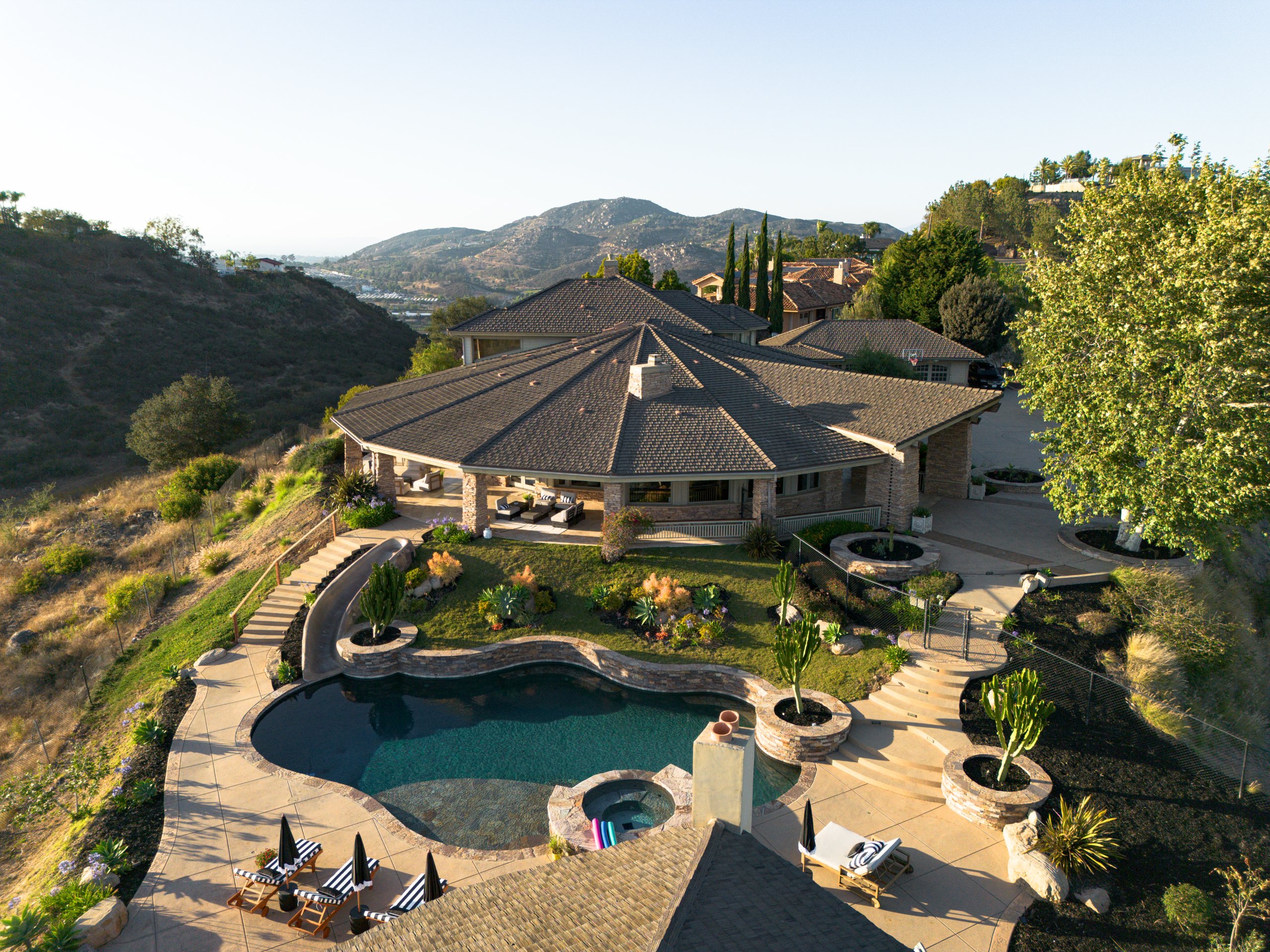 Private Hillside San Marcos Vineyard Wedding Estate with Ocean Views, Resort Pool, Waterslide & Theater