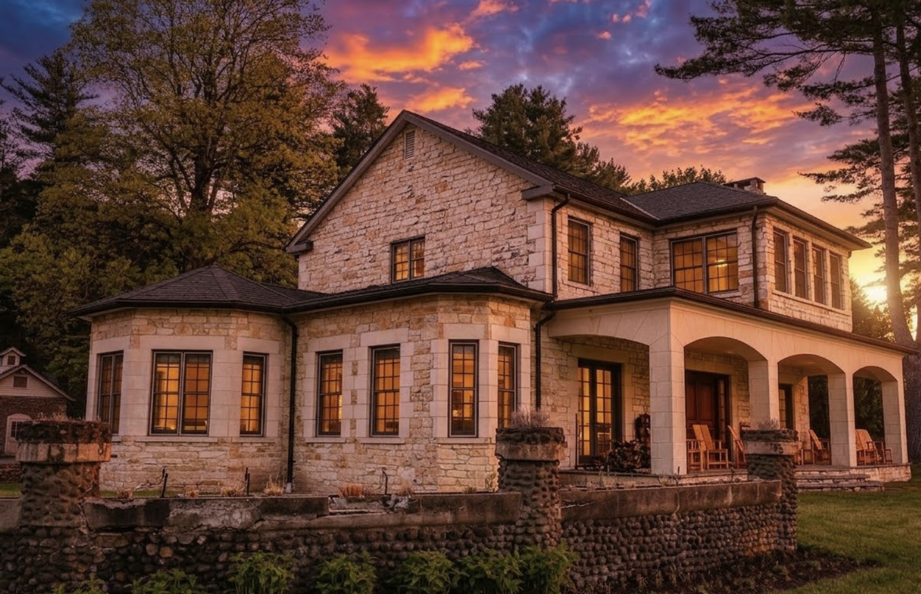 Estate grounds and gathering spaces across the 62-acre property